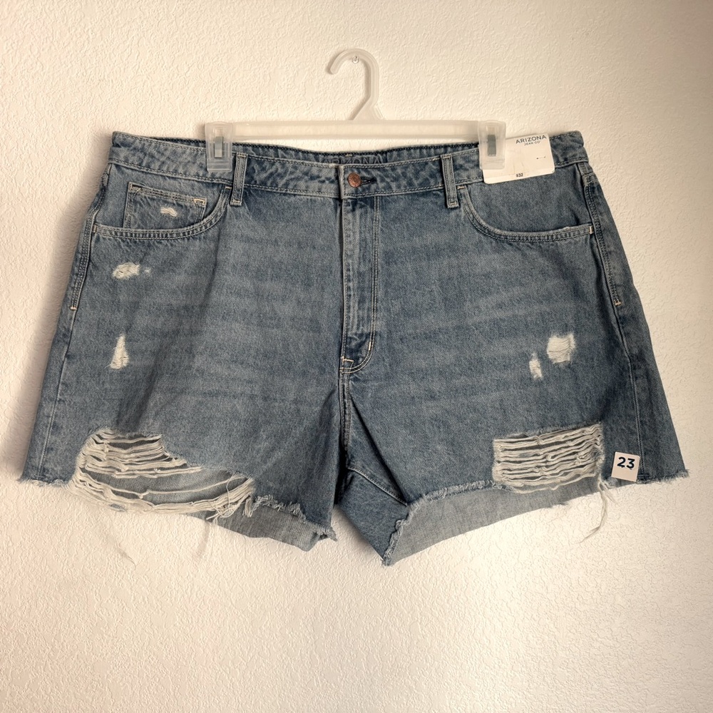 Arizona Jeans Co Women Blue Hi Rise Denim Jean Shorts Size 16W Distressed Cutoff